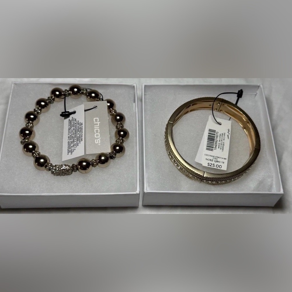 NWT CHICO'S GLAM GOLD WITH RHINESTONES STRETCH BRACELETS Lot Of 2 $50 - Picture 7 of 7